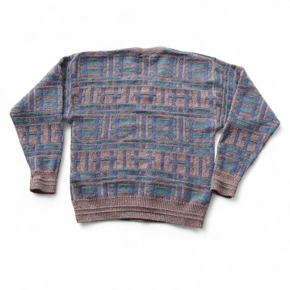 Jantzen Vintage Sweater Men’s L Geometric Pattern Taupe Blue Teal Knit Pullover - Picture 2 of 7